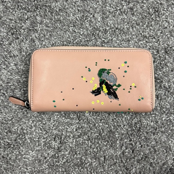 Coach Meadowlark Songbird Large Accordion Women Beading Stitching Leather Wallet - Picture 3 of 16